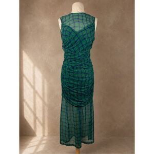 Simon Miller Sz L Kinny Ruched Plaid Mesh Midi Dress Anthropologie Green Blue